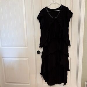 Black Tiered V-Neck Maxi Dress with Beaded Trim